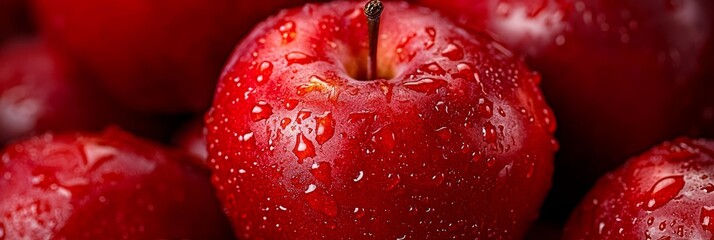  A tight shot of red apples, each adorned with water droplets at their peak and base