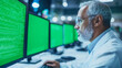 © Vertigo Images - A man in a lab coat looks intently at a computer screen filled with data.