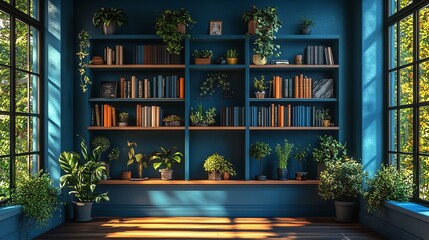 A modern bookshelf with plants, serving as a stylish decorative piece for virtual office backgrounds.