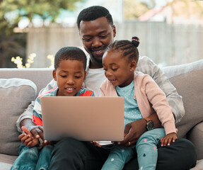 Poster - Black family, laptop and sofa for movie, video or online streaming on internet in home living room together. Father, computer and children with web, app or cartoons for happy smile in home lounge