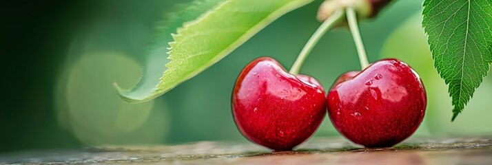 Wall Mural -  A cherry duo atop a wooden table One cherry, a second nearby A green leaf beside them, resting on the same table