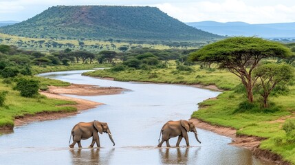 At Lake, two elephants enjoy playful moments in the water, flanked by acacia trees, surrounded by a stunning African landscape under natural light