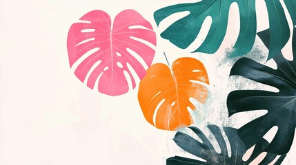 Canvas Print - Vibrant monstera leaves in pink, orange, and green against a soft pastel background in a modern decorative setting