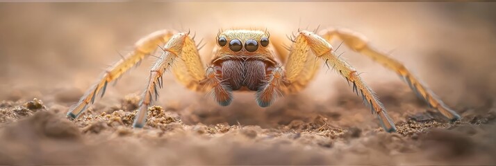  A tight shot of a spider on the ground, head slightly tilted to the side, revealing open eyes