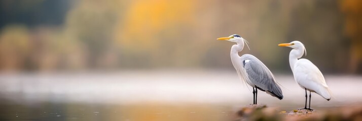  Two pristine white birds positioned side by side atop a tranquil body of water In the backdrop, trees gracefully sway