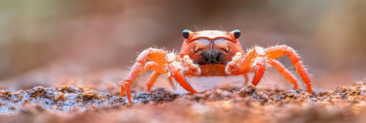  A tight shot of a tiny orange crab on the sand, its head tilted as if emerging from the water