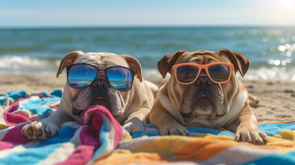 Two bulldogs wearing sunglasses relaxing on a beach