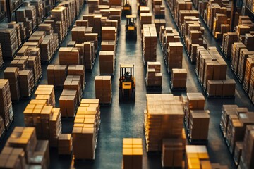 Forklifts transporting boxes in large warehouse aisles