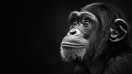  A serious-looking chimpanzee in a black-and-white photograph gazes into the camera