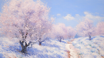 Wall Mural - Impressionist winter landscape with blossoming trees and a winding path through the snow