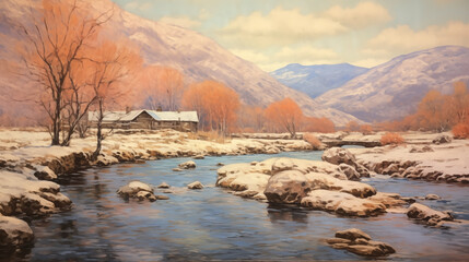 Wall Mural - Winter landscape with a serene river and rustic cabin surrounded by snow-covered mountains