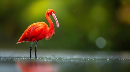  A flamingo poised on a wet surface, head submerged in water, legs lifted