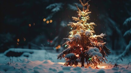 A beautifully decorated Christmas tree glowing in the evening snow