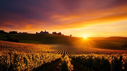 Poster -  Sun sets over sunflower field, church in distance