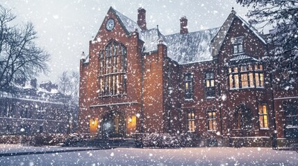 A brick university building with historical architecture, standing proud and warm against a backdrop of falling snow, a symbol of endurance and tradition