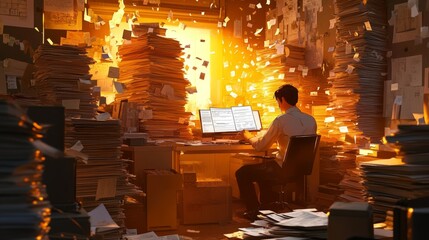 Creative Chaos: An Office with Exploding Ideas and Paperwork