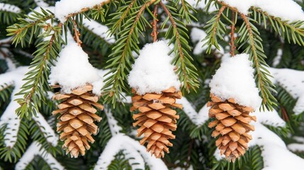 A pine branch covered in snow, with three small brown cones 