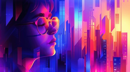 Wall Mural - Flat design of a fashionable girl with glasses against a bright neon city background and vibrant colors, capturing a futuristic and glamorous urban scene.