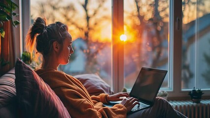 Aufkleber - A woman sits comfortably on a couch, focused on her laptop while enjoying the stunning sunset visible through the window, creating a serene atmosphere.