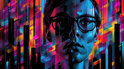 Wall Mural - Flat design of a young woman wearing glasses against a city background illuminated by neon lights, conveying a modern futuristic nightlife atmosphere.