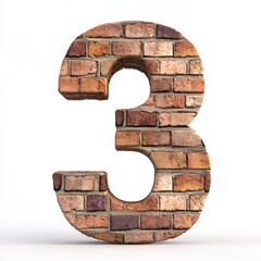 3D number 3 with brick texture realistic modern design, soft lighting, white background. 