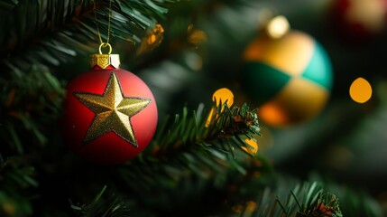 close-up of a red christmas tree ornament with a star and green, blue, and yellow decorations on a blurred background. festive decorations for the holiday season home decor