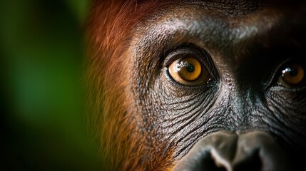  A tight shot of an orangutan's face with blurred green foliage background