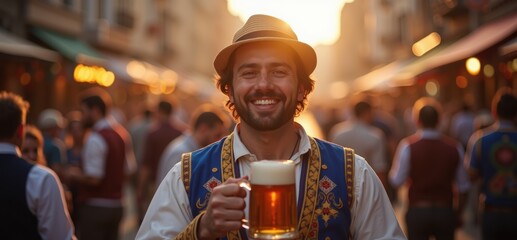 Wall Mural - A cheerful man in traditional attire holds a beer mug at a vibrant outdoor festival, capturing the spirit of celebration and community in a lively atmosphere.