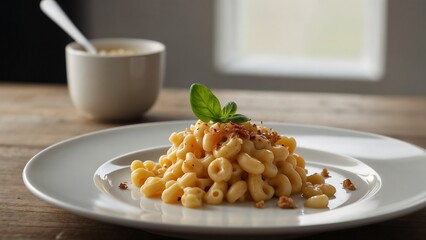 Delicious mac and cheese served on a white plate with crispy topping and a basil leaf copy space