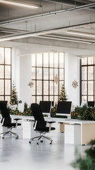 Wall Mural - open office space decorated for Christmas, large windows with snow view, festive decorations, 