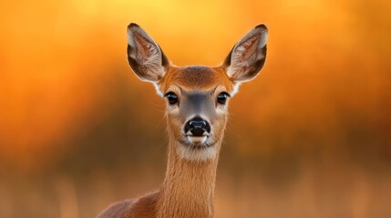  A tight shot of a deer's face with a blurred backdrop