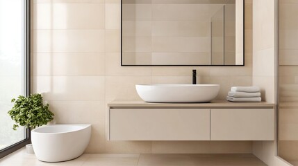 Wall Mural - Spacious minimalist bathroom with floating vanity, frameless shower, minimalist bathroom, modern luxury design