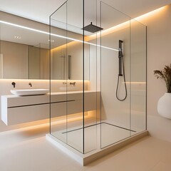 Wall Mural - Spacious minimalist bathroom with large glass shower and white fixtures, minimalist bathroom, clean, modern design