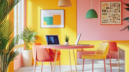 A lively workspace is illuminated by natural light, featuring colorful walls and trendy furniture