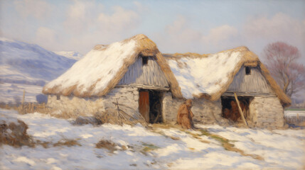 Wall Mural - Winter landscape depicts rustic thatched-roof cottages in serene snowy countryside