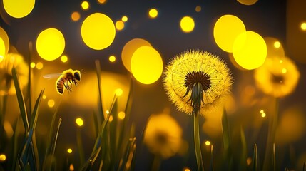 Sticker -  A tight shot of a dandelion and hovering bee amidst a sea of dandelions Background illuminated by lights