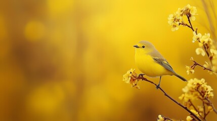  A yellow bird perched on a branch amidst yellow flowers Backdrop of indistinct leaves and branches