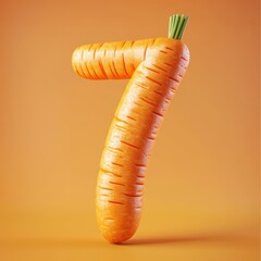 3D number 7 with carrot texture realistic modern design, soft lighting, orange background.