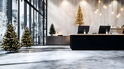 Wall Mural - open office space decorated for Christmas, large windows with snow view, festive decorations, 