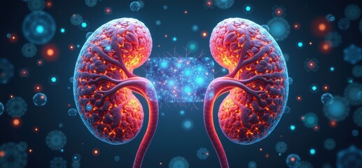 A vibrant, digitally rendered illustration of human kidneys showcasing their structure and biological function, perfect for medical and educational purposes.