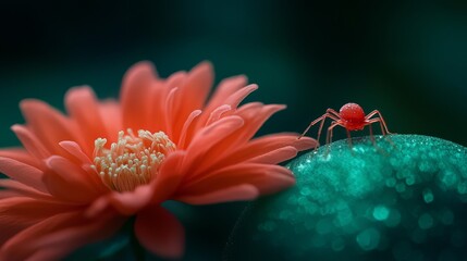 Sticker -  A tight shot of a bloom featuring a spider at its heart, surrounded by an indistinct backdrop