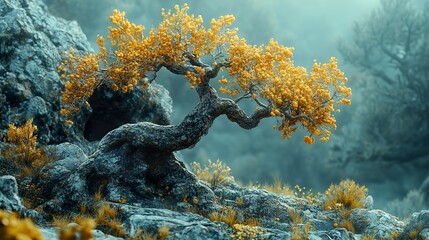 Wall Mural - Yellow Tree on a Misty Mountain - Nature Photography