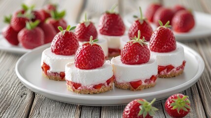 Wall Mural - Homemade cheesecakes topped with fresh strawberries elegantly displayed on a white plate placed on a wooden table.