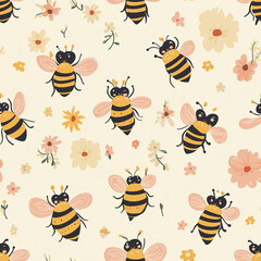 Honeybees seamless pattern with bees