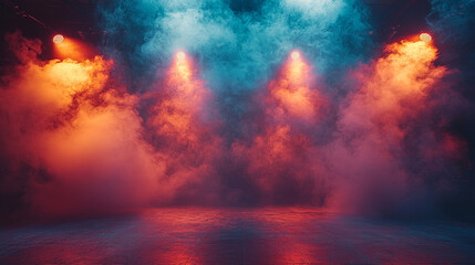 Poster - A stage bathed in colorful smoke and spotlights.