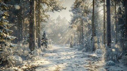 A snowy pine forest with a gentle snowfall and soft, diffused light