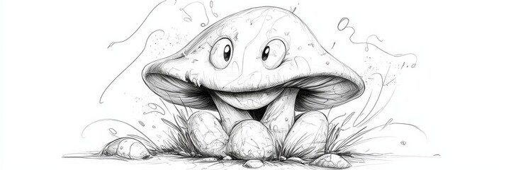 Canvas Print -  A black-and-white drawing of a smiling mushroom on the ground