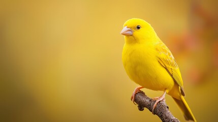  A yellow bird on a branch against a blurred background Background is yellow