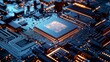 © VIK - In a technology development project, a computer processor illuminated by blue lights is viewed up close