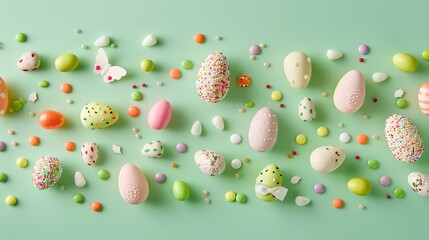 A flat lay of Easter candies and decorations on a light green background